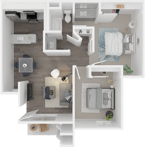 Floor plan for 2 beds, 1 bath, 821 sqft